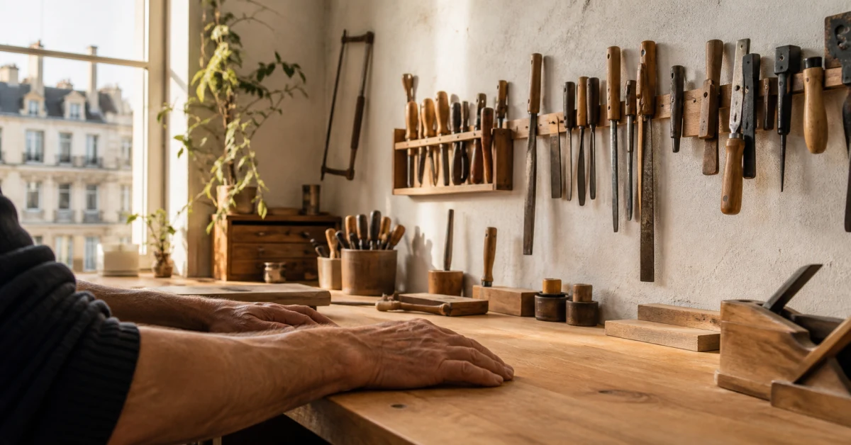 Établi d'atelier rangé, outils accrochés au mur, mains posées sur le bois