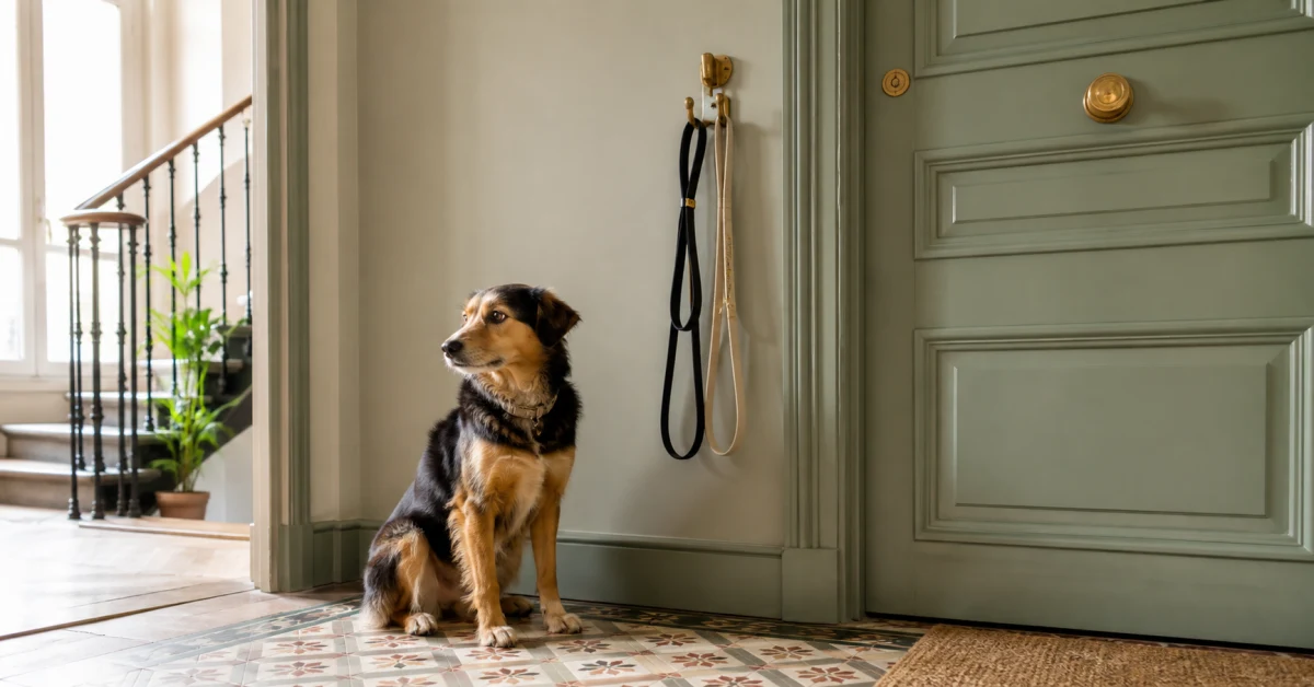 Chien assis dans une entrée, laisse accrochée à la porte verte
