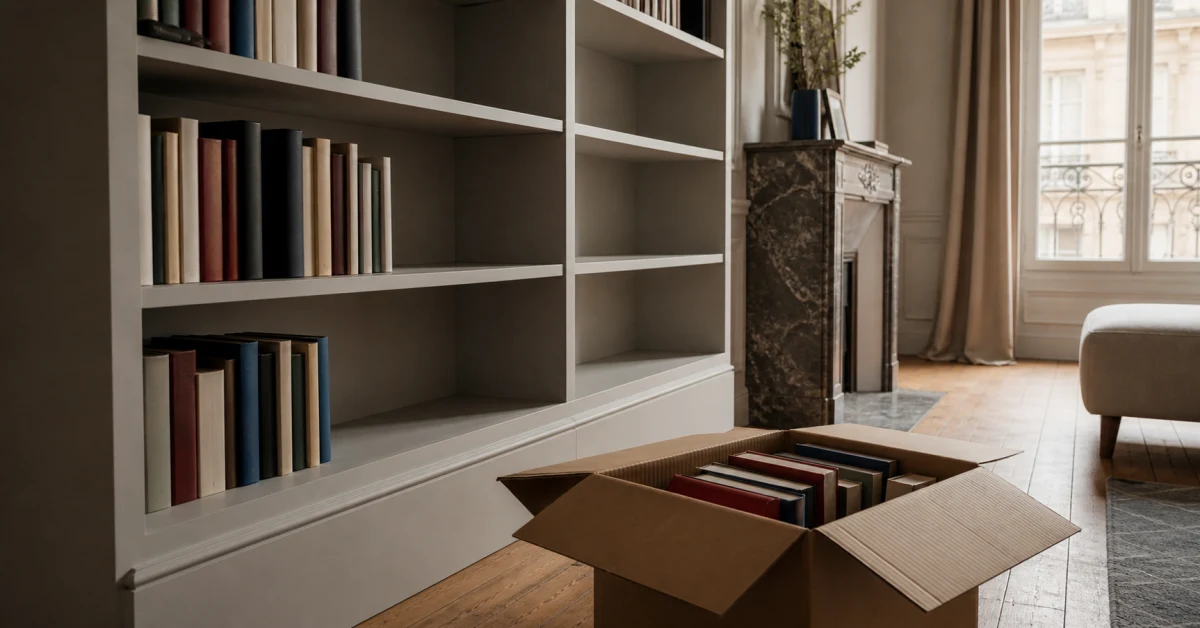 Carton de livres devant une bibliothèque à moitié vidée