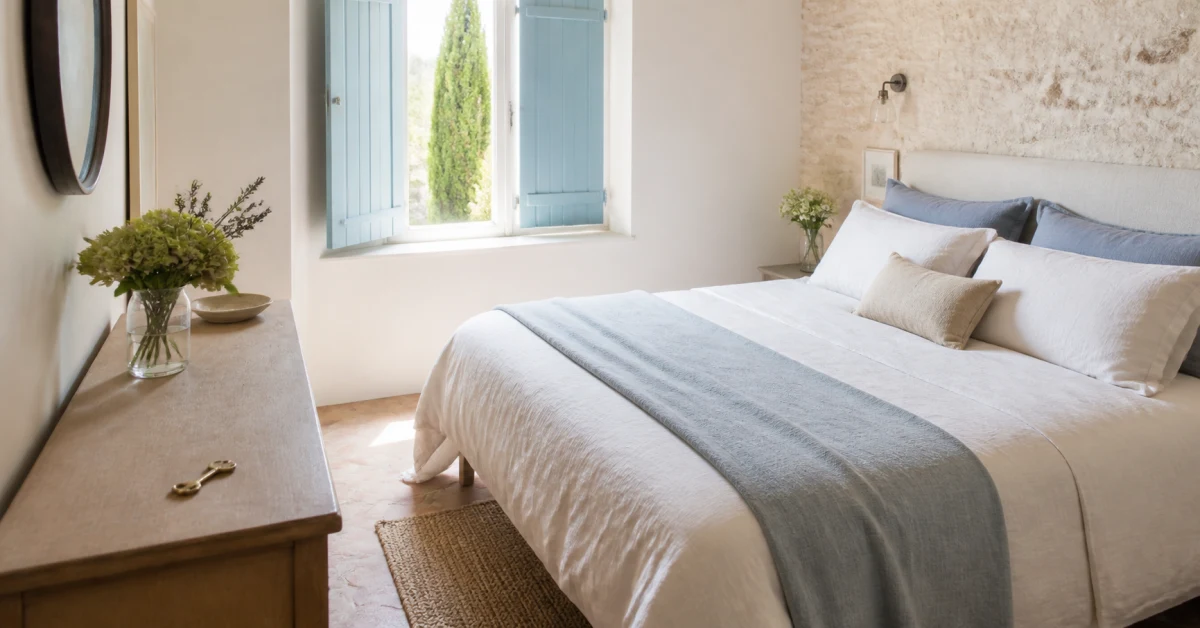 Chambre d'amis lumineuse, lit fait, volets ouverts