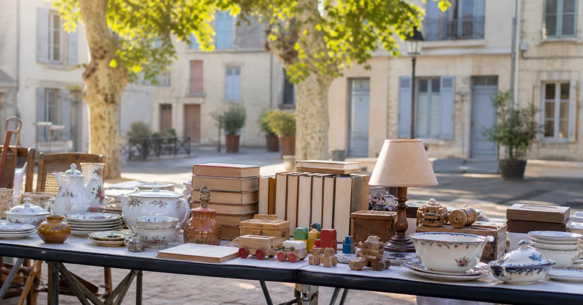 Étal de vide-grenier le matin : vaisselle, livres et jouets sur une place