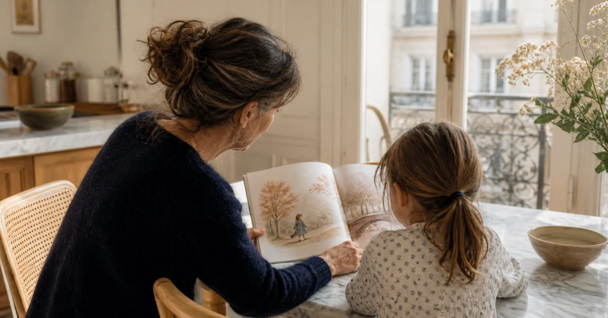 Femme lisant un livre avec une fillette à la table de la cuisine