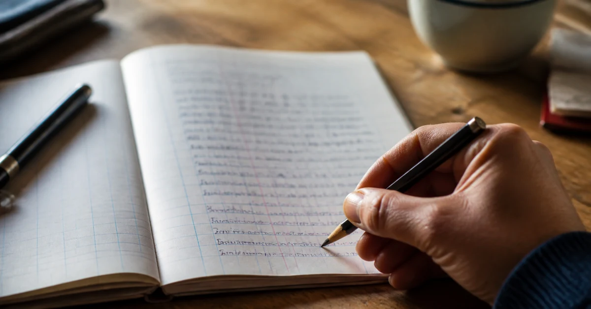 Main corrigeant un cahier d'exercices au stylo
