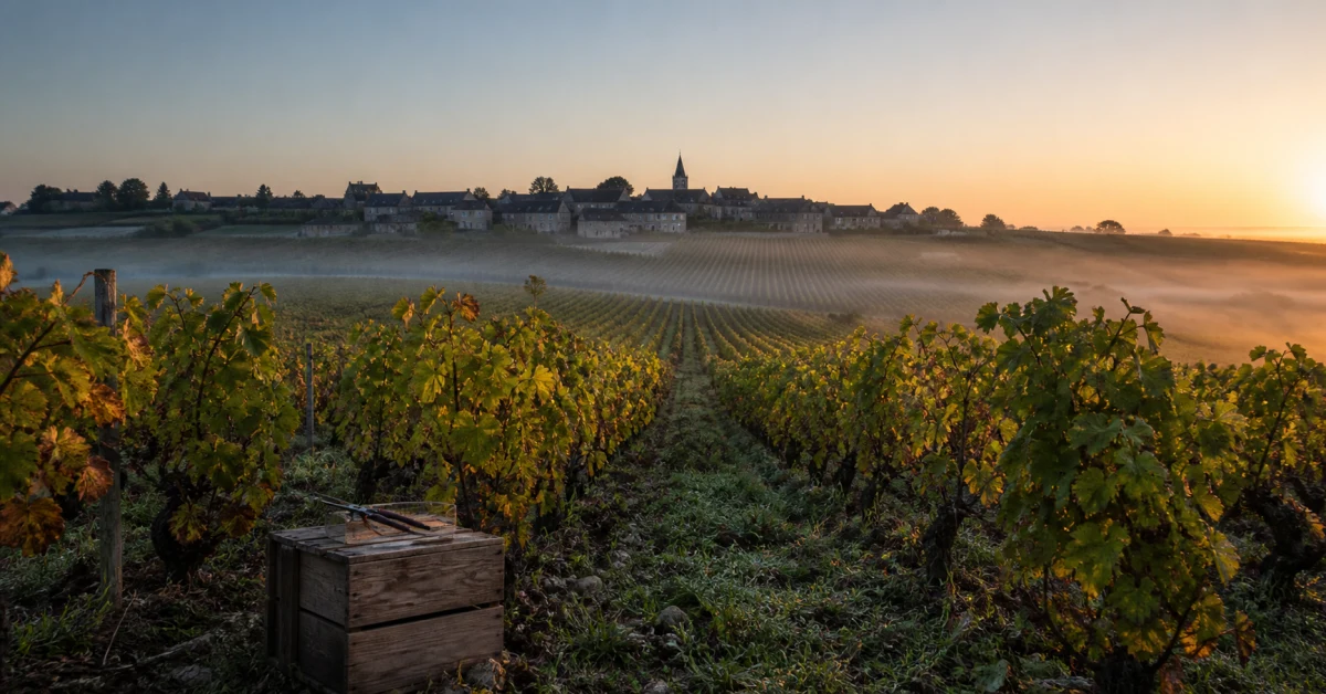 Rangées de vigne au lever du soleil, caisses de vendange